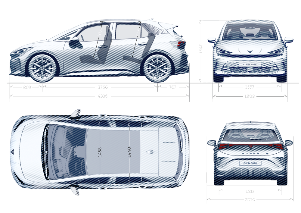 Abmessungsdetails des CUPRA Born VZ.