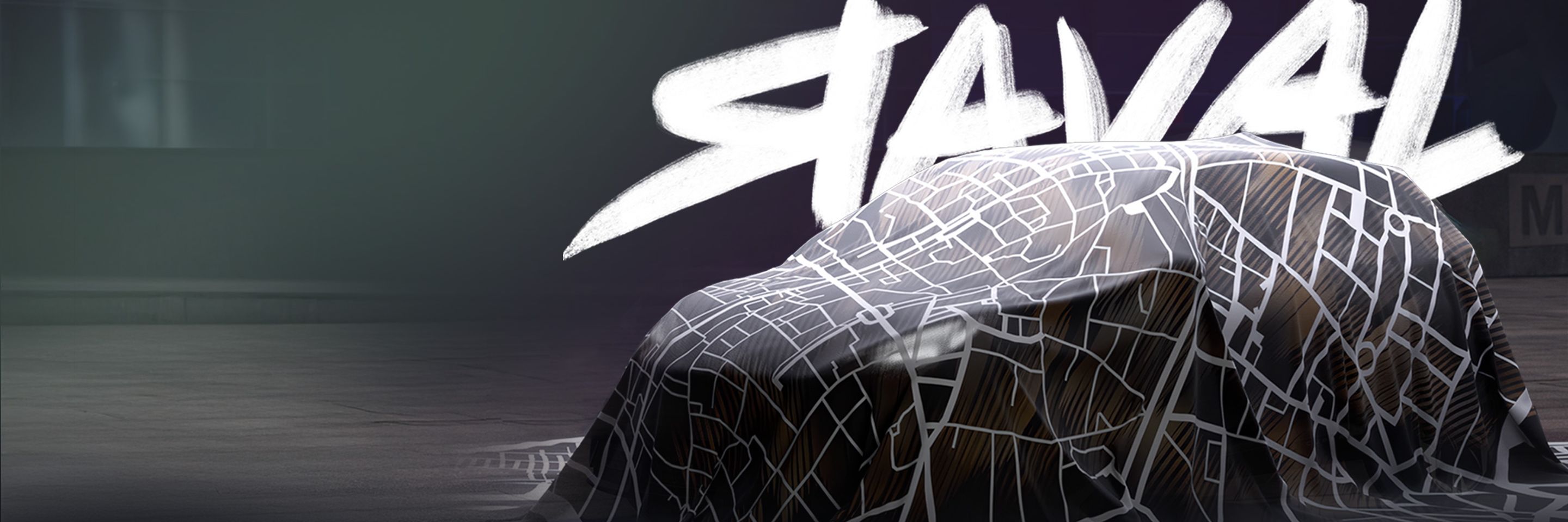 Raval verdeckt mit Schriftzug im Hintergrund