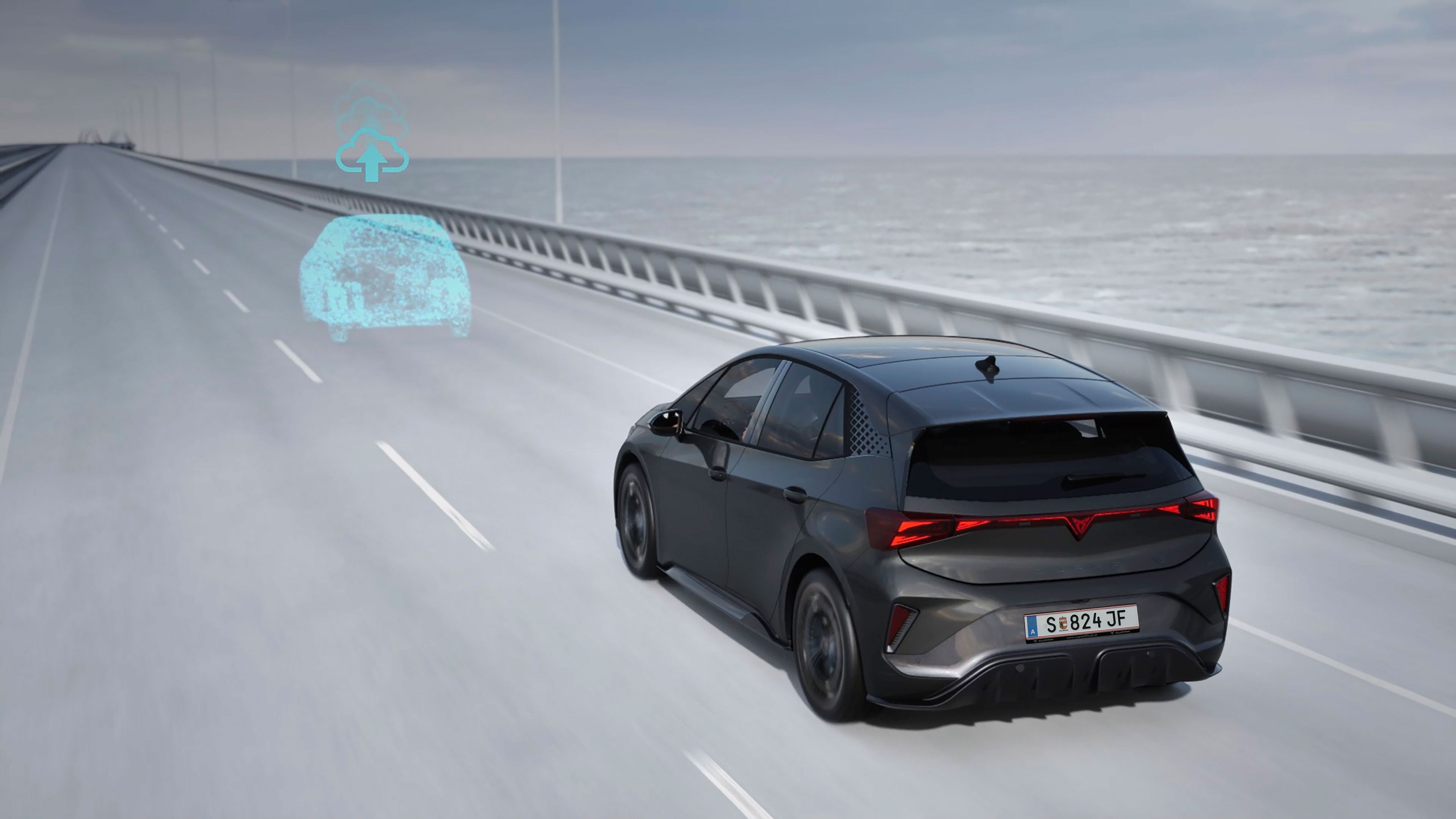 Darstellung eines CUPRA Born VZ mit Travel Assist 3.0-Funktion für teilautonomes Fahren.
