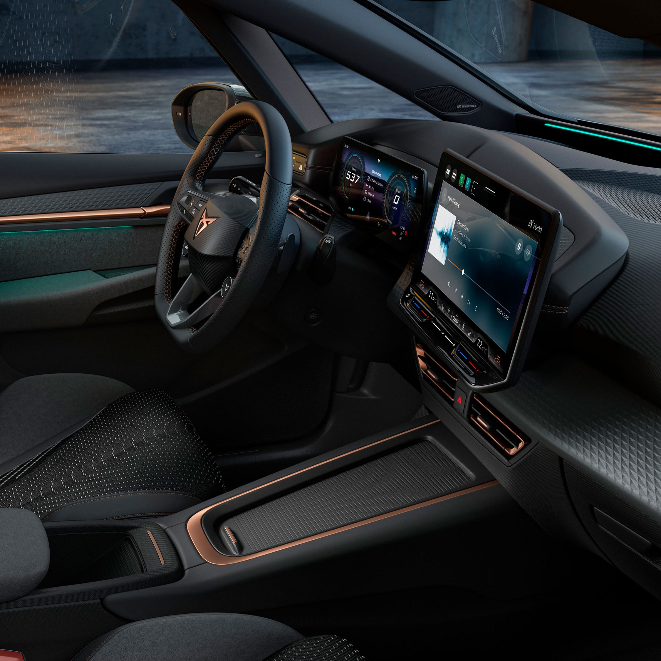 Innenansicht eines CUPRA Born mit Lenkrad und Digital Cockpit